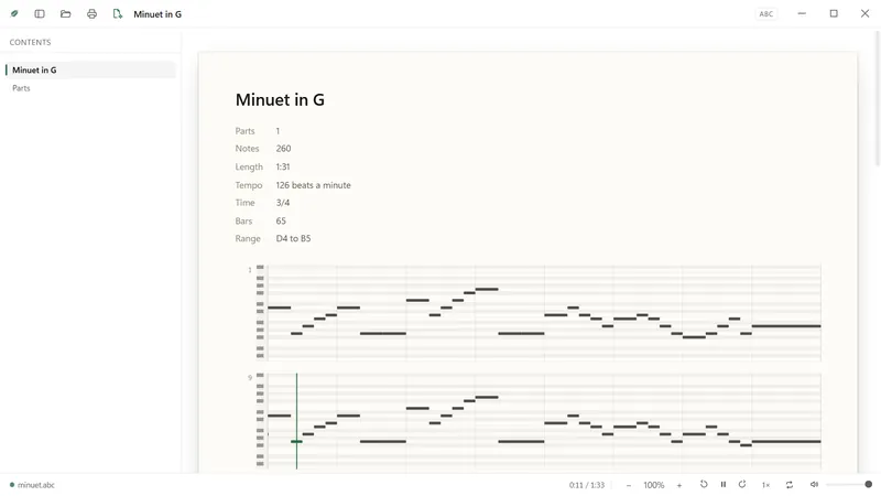 A minuet played from its notation.