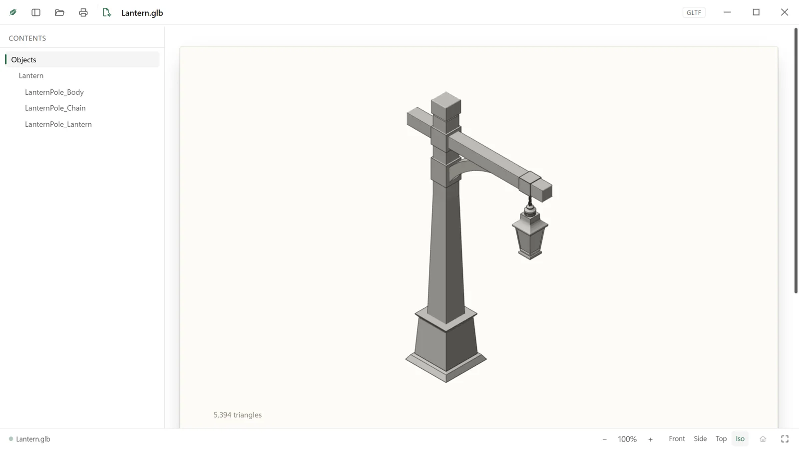 A 3D model of a lantern, shaded, with its parts in the sidebar.