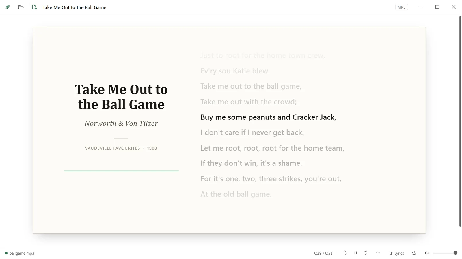 A song playing, its words lit line by line.